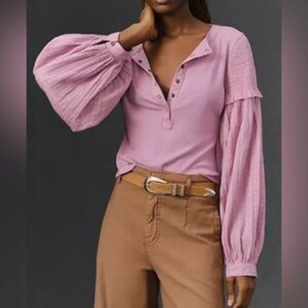 Anthropologie Pilcro Lavender Ribbed Long Sleeve Henley Blouse